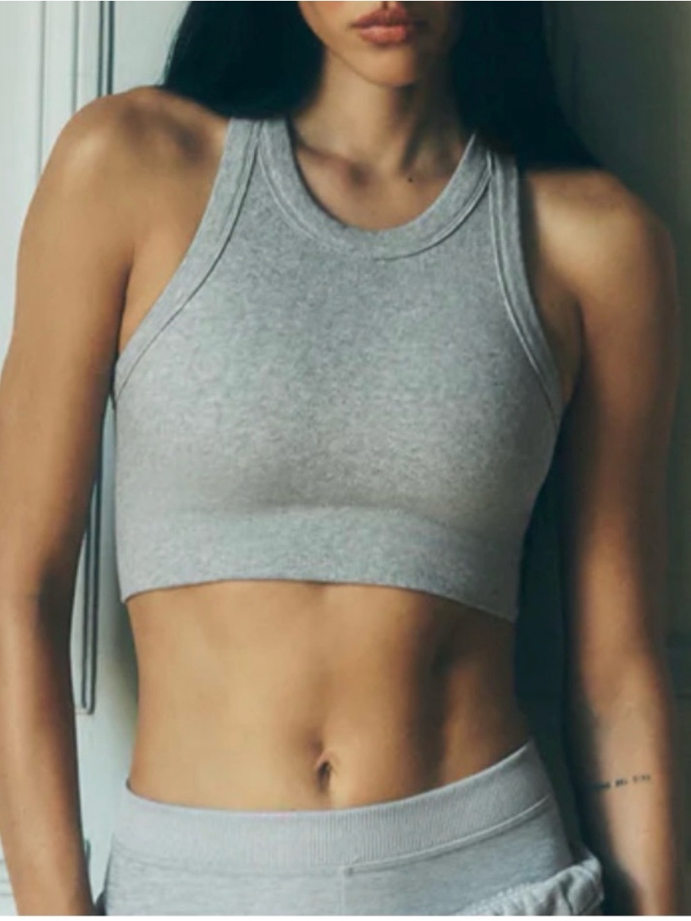 Alo Yoga Seamless Delight High Neck Bra Ribbed Crop Tank Top Gray